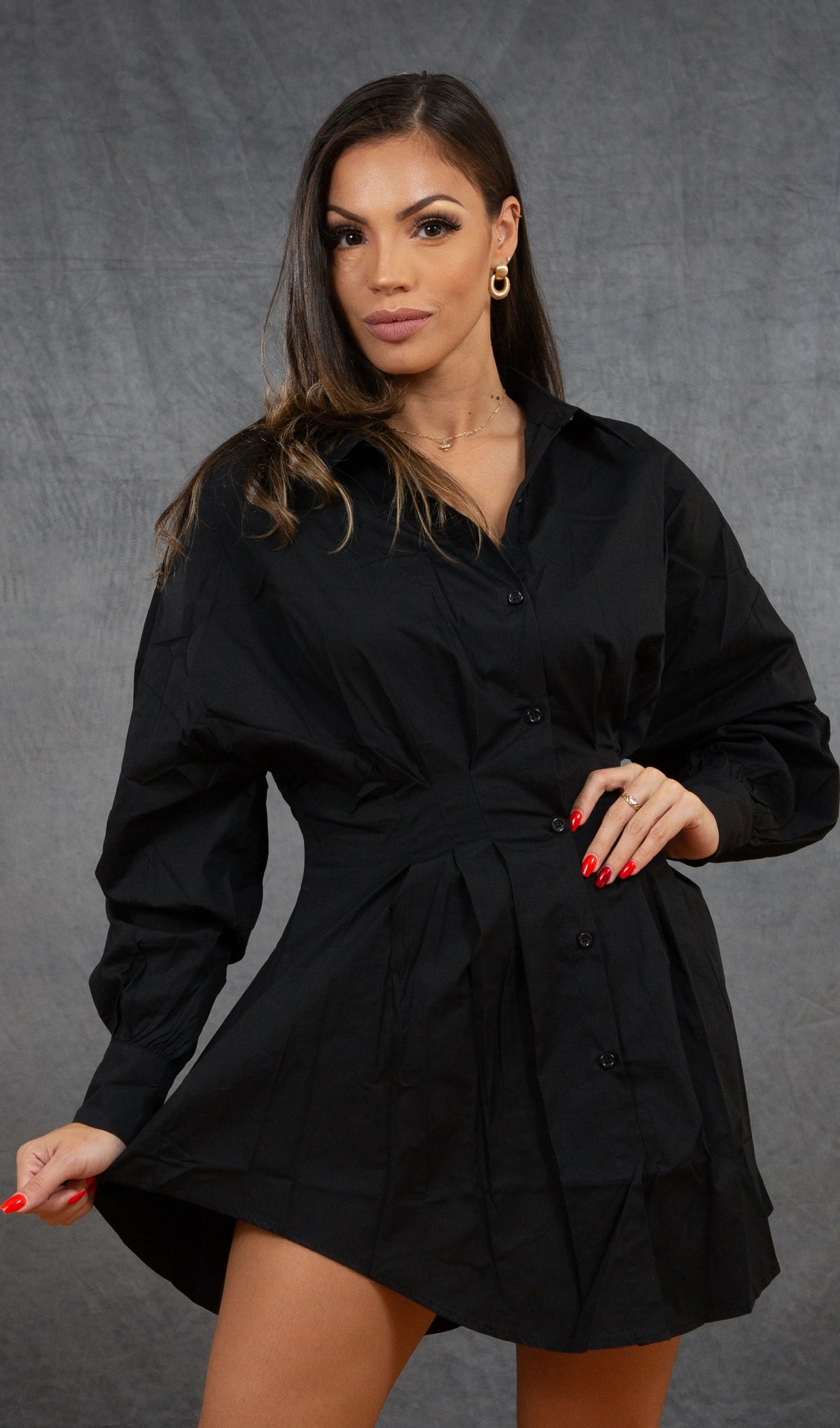 Social V-Neck Button Up Dress (Black)