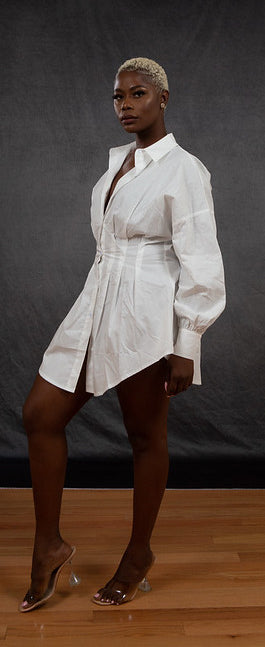 Social V-Neck Button Up Dress (White)